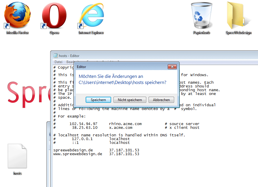 Auf Desktop hosts Datei unter Windows speichern